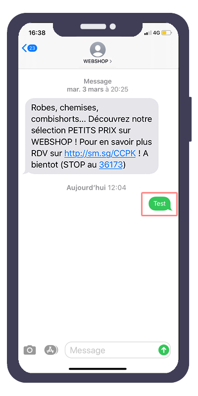 exemple de réponse reçue par SMS